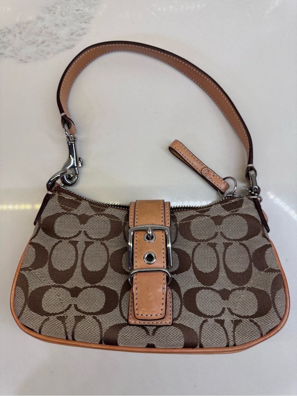 COACH Brown Signature Canvas Shoulder Bag with Tan Leather Trim